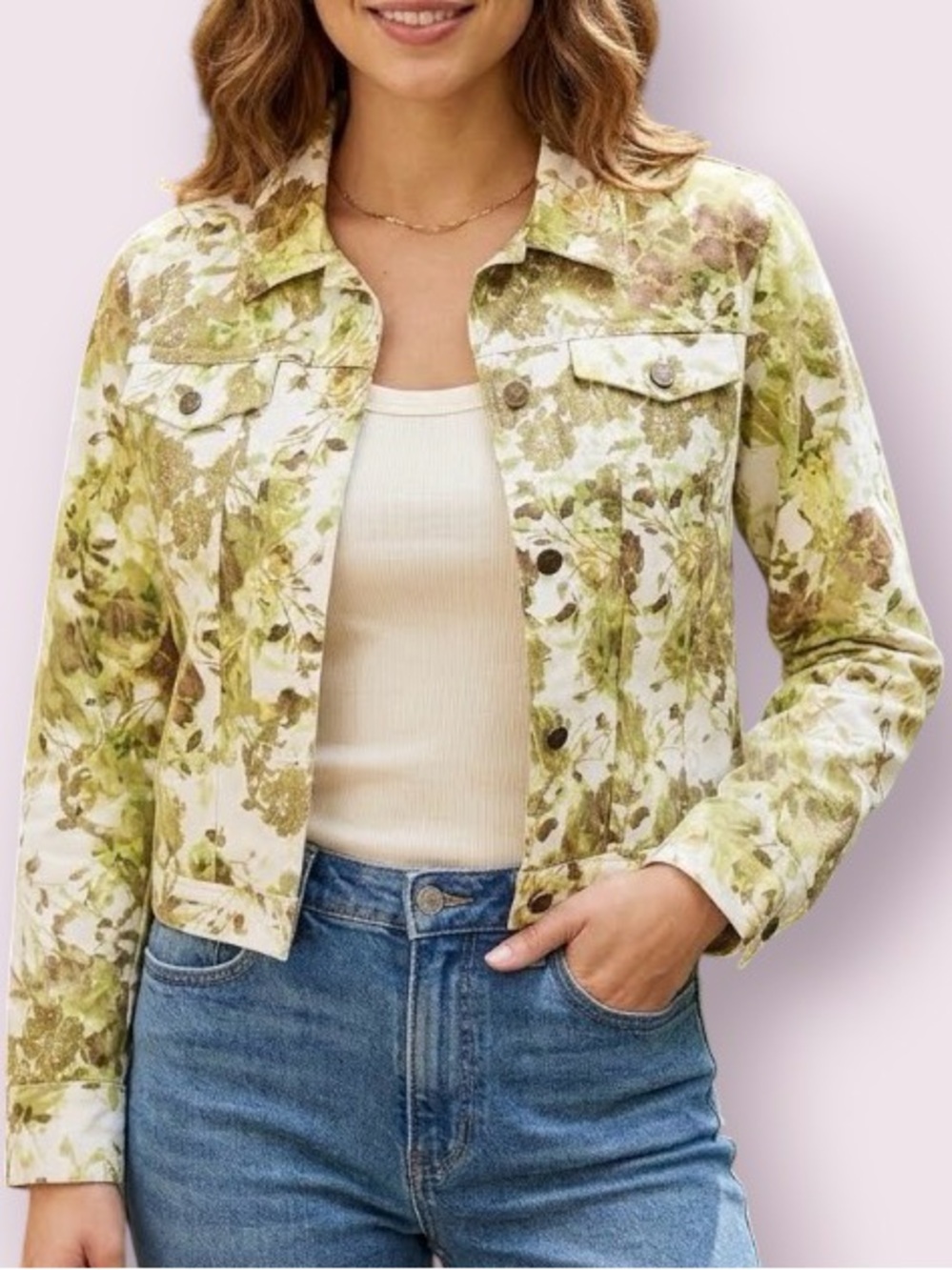 C.L.O.T.H.E.S. Floral Print Denim Jean Jacket White Green Gold Metallic Medium
